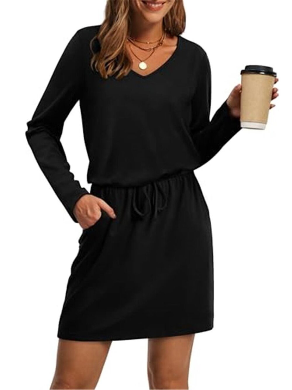 Women's Fall V Neck Dress Long Sleeve Tie Front A-Line Casual Sundress